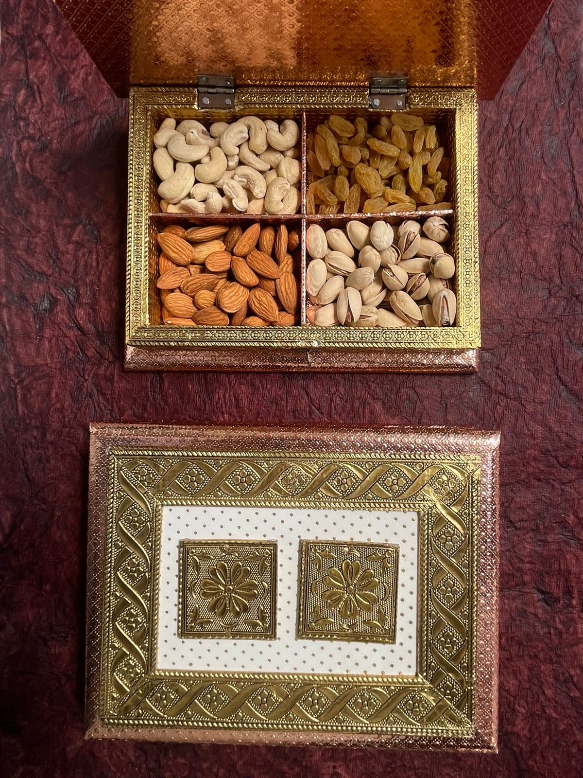 Rose-gold Rakhi dry fruit box with four compartments