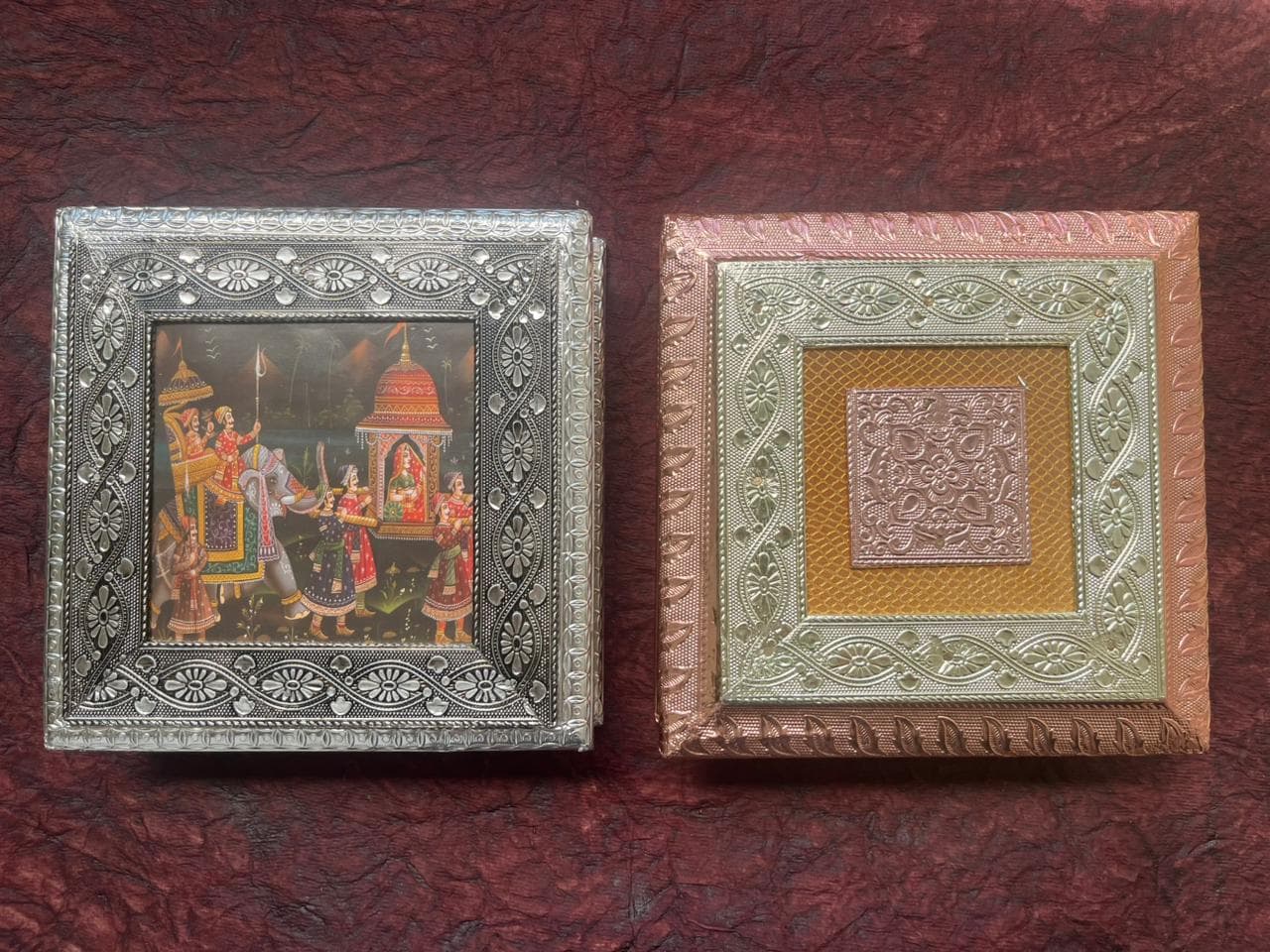 Silver and rose-gold ornate reusable gift boxes for Raksha Bandhan dry fruits