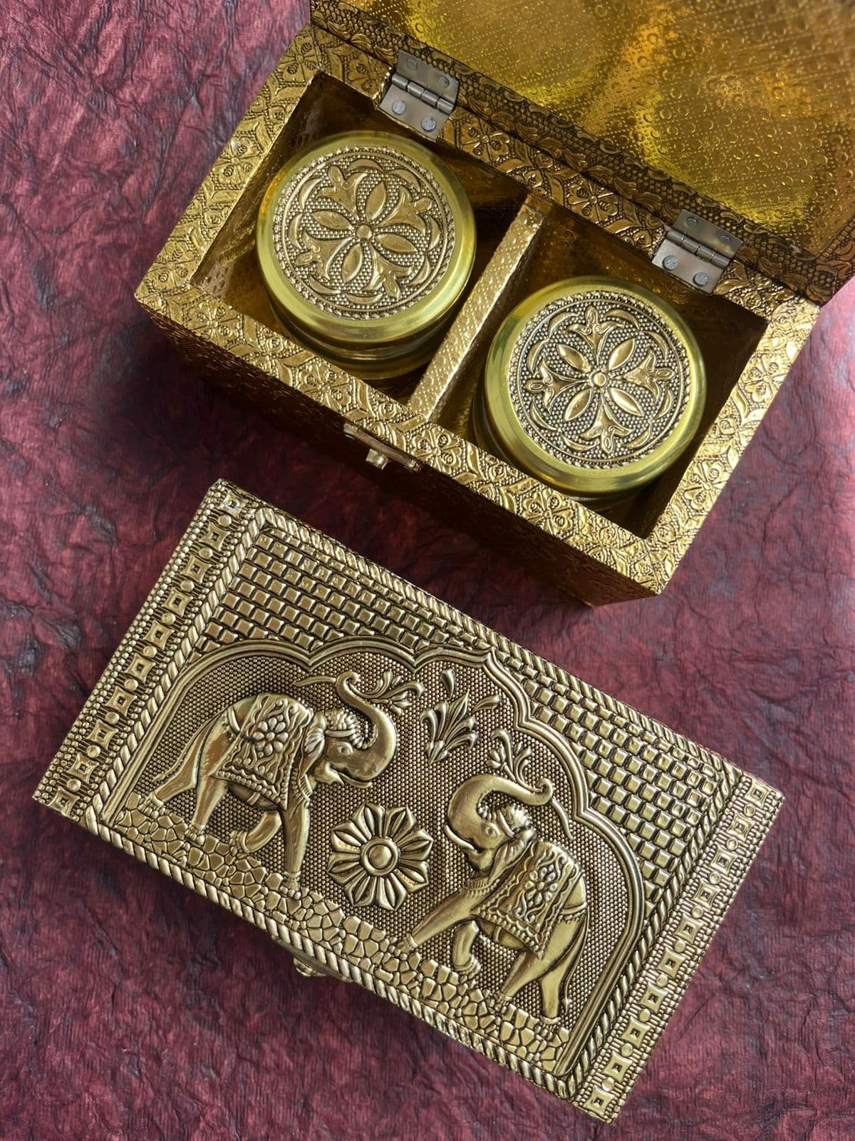 Elephant motif Raksha Bandhan gift box with decorative jars