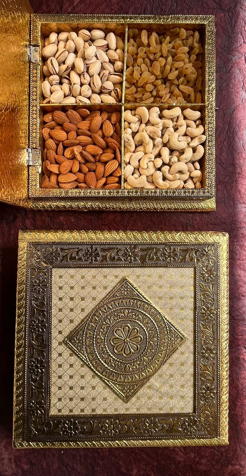 Gold four-compartment Raksha Bandhan dry fruit box