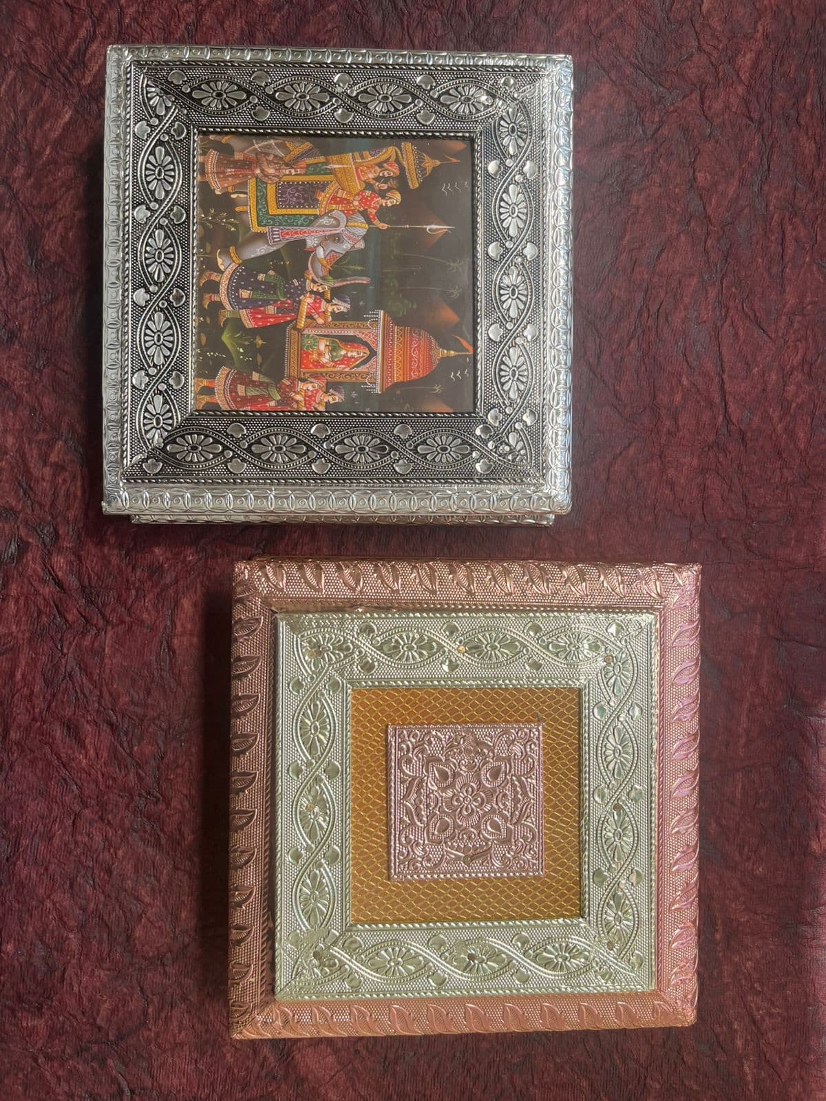 Silver and rose-gold ornate keepsake boxes for Raksha Bandhan